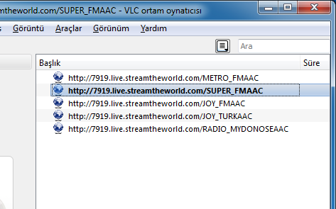 VLC ile Metro FM, Süper FM, Joy FM, Joy Türk, Radio Mydonose