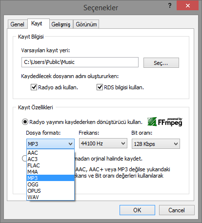 RDK 5.3 Dosya formatı Seçenekleri